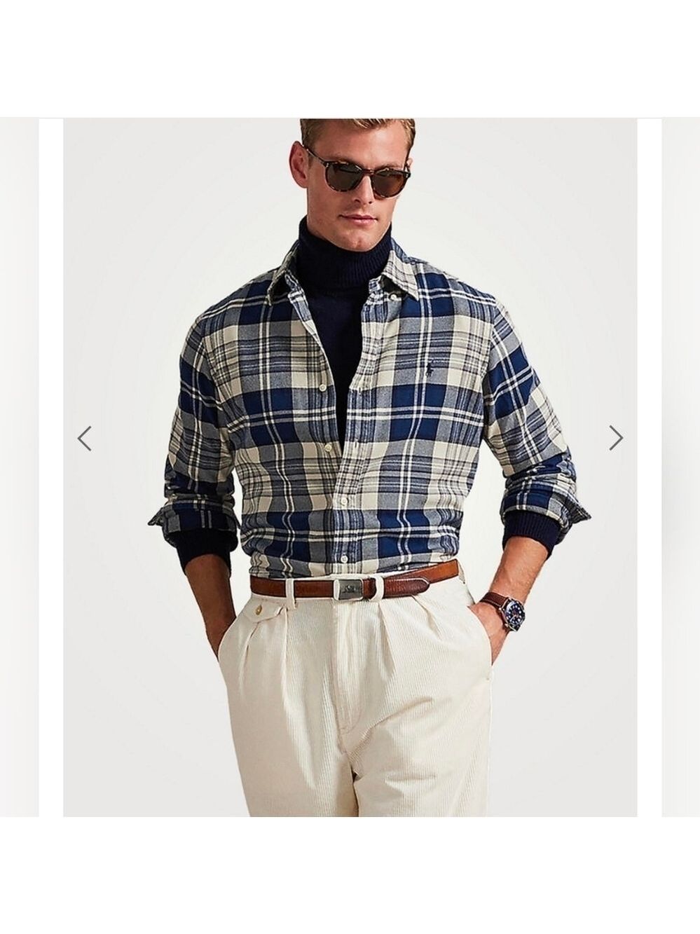 Ralph Lauren Classic Fit Brushed Cotton Navy and Cream Plaid Flannel Shirt